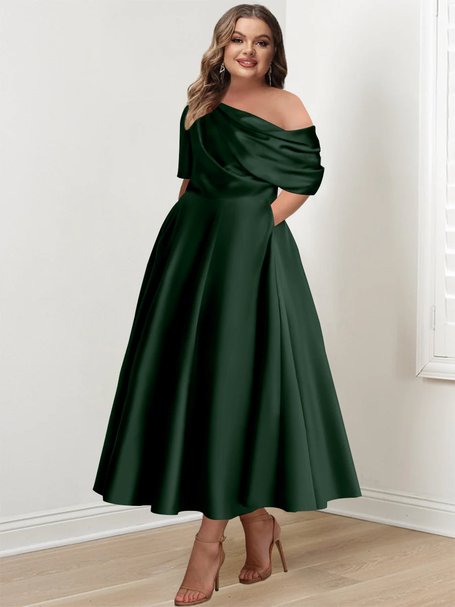 Plus Size A-Line Princess Ankle-Length One-Shoulder Mother of the Bride Dress with Ruffles and Half Sleeves