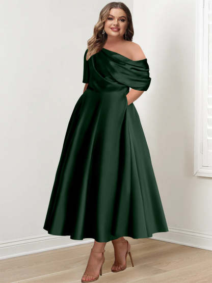 Plus Size A-Line Princess Ankle-Length One-Shoulder Mother of the Bride Dress with Ruffles and Half Sleeves