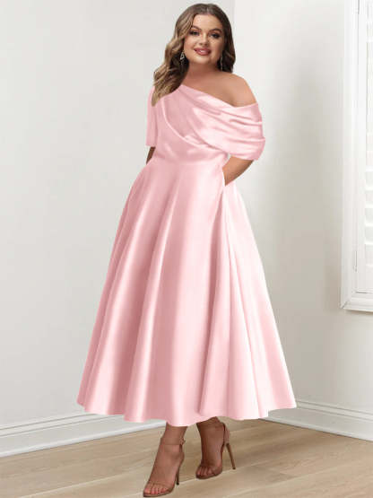 Plus Size A-Line Princess Ankle-Length One-Shoulder Mother of the Bride Dress with Ruffles and Half Sleeves