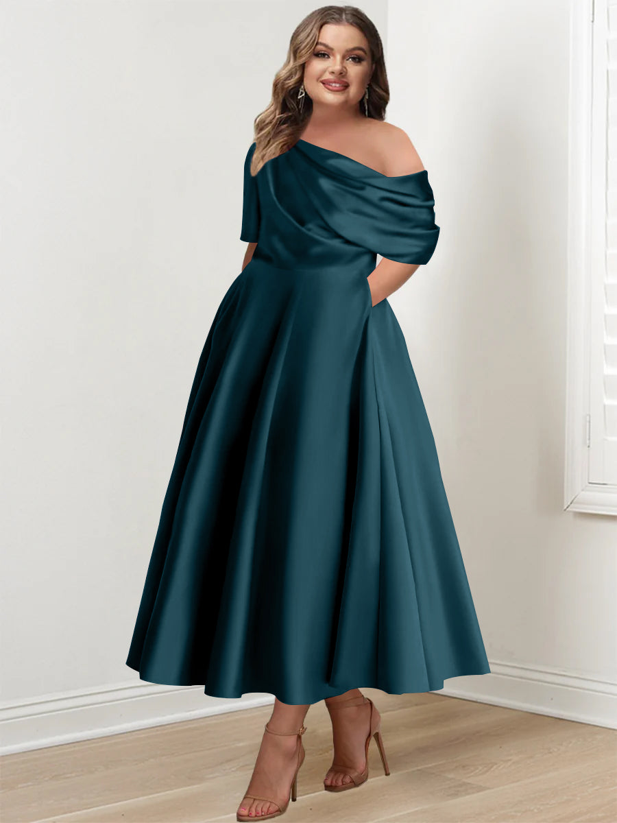 Plus Size A-Line Princess Ankle-Length One-Shoulder Mother of the Bride Dress with Ruffles and Half Sleeves