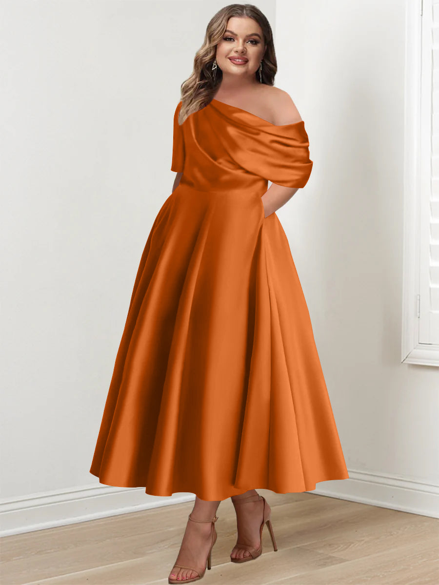 Plus Size A-Line Princess Ankle-Length One-Shoulder Mother of the Bride Dress with Ruffles and Half Sleeves