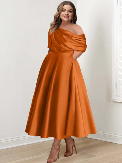 Plus Size A-Line Princess Ankle-Length One-Shoulder Mother of the Bride Dress with Ruffles and Half Sleeves