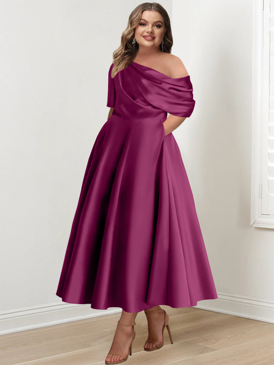 Plus Size A-Line Princess Ankle-Length One-Shoulder Mother of the Bride Dress with Ruffles and Half Sleeves