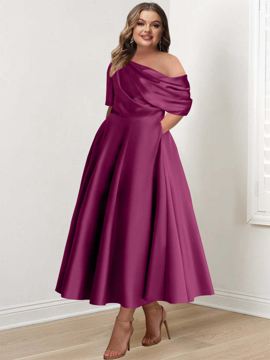 Plus Size A-Line Princess Ankle-Length One-Shoulder Mother of the Bride Dress with Ruffles and Half Sleeves