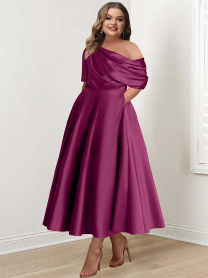 Plus Size A-Line Princess Ankle-Length One-Shoulder Mother of the Bride Dress with Ruffles and Half Sleeves