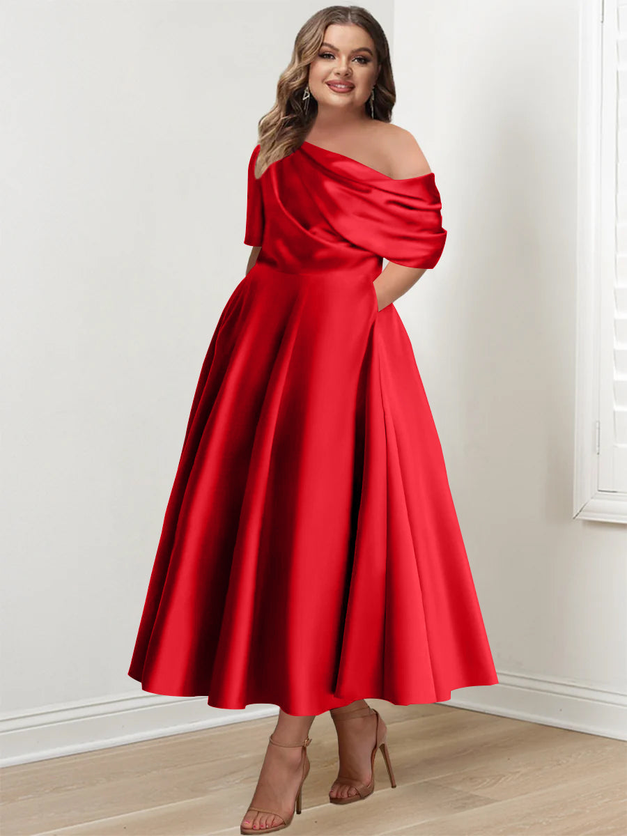 Plus Size A-Line Princess Ankle-Length One-Shoulder Mother of the Bride Dress with Ruffles and Half Sleeves
