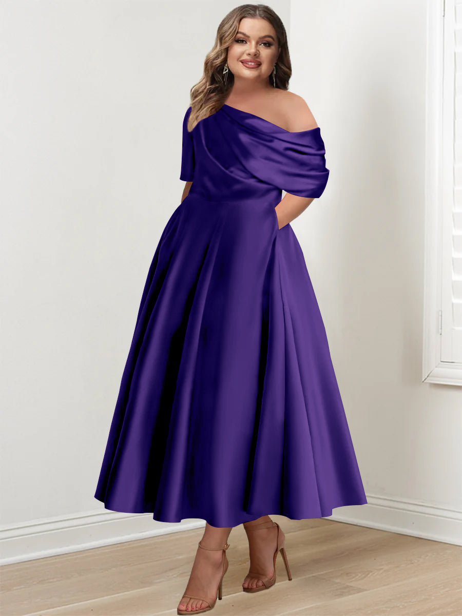 Plus Size A-Line Princess Ankle-Length One-Shoulder Mother of the Bride Dress with Ruffles and Half Sleeves