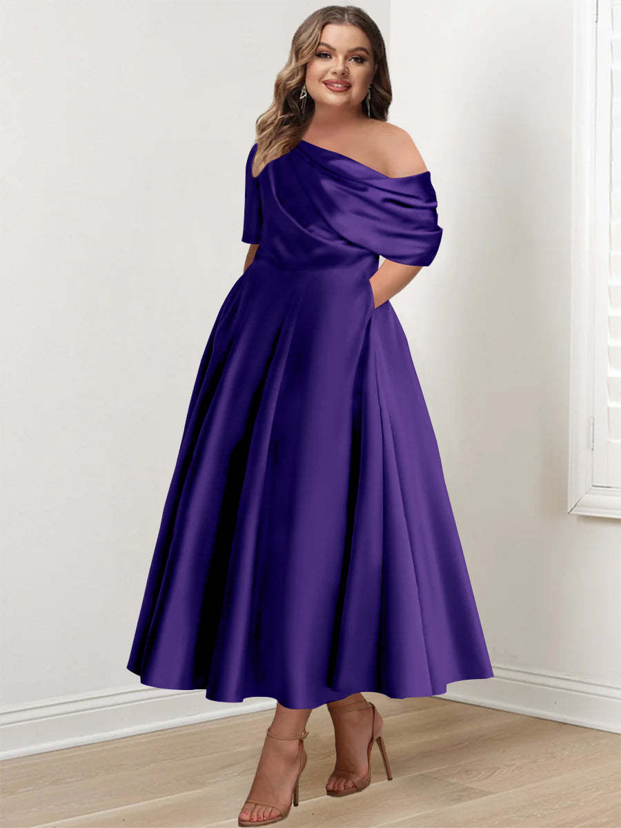 Plus Size A-Line Princess Ankle-Length One-Shoulder Mother of the Bride Dress with Ruffles and Half Sleeves
