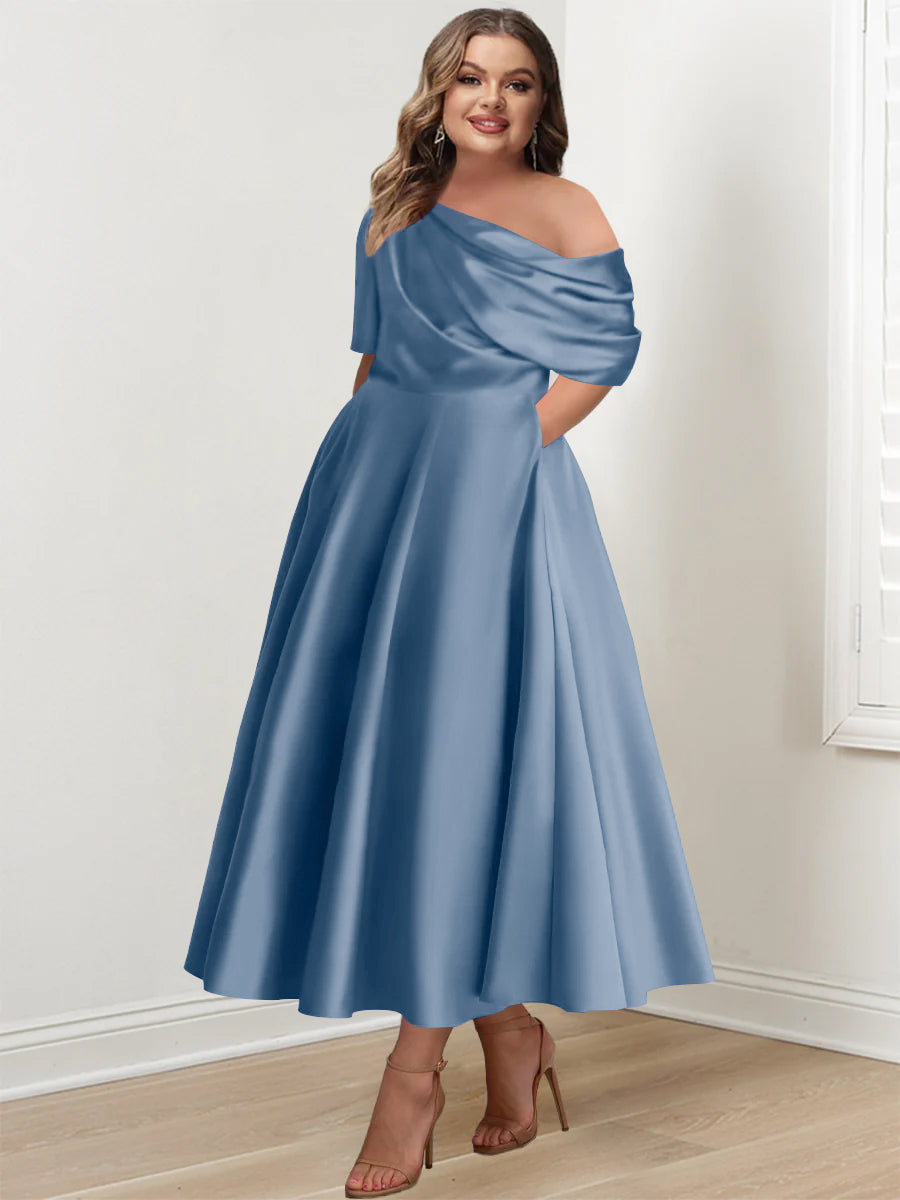 Plus Size A-Line Princess Ankle-Length One-Shoulder Mother of the Bride Dress with Ruffles and Half Sleeves