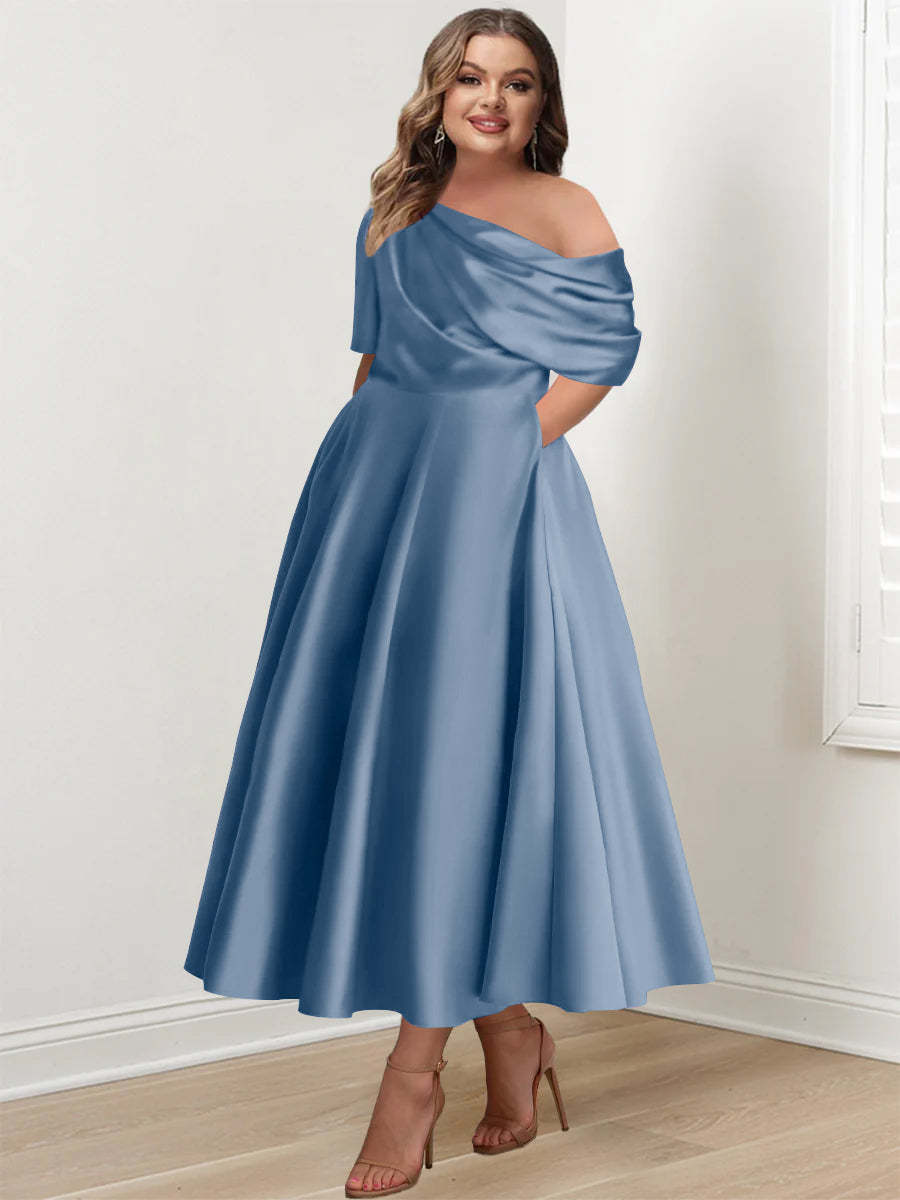 Plus Size A-Line Princess Ankle-Length One-Shoulder Mother of the Bride Dress with Ruffles and Half Sleeves