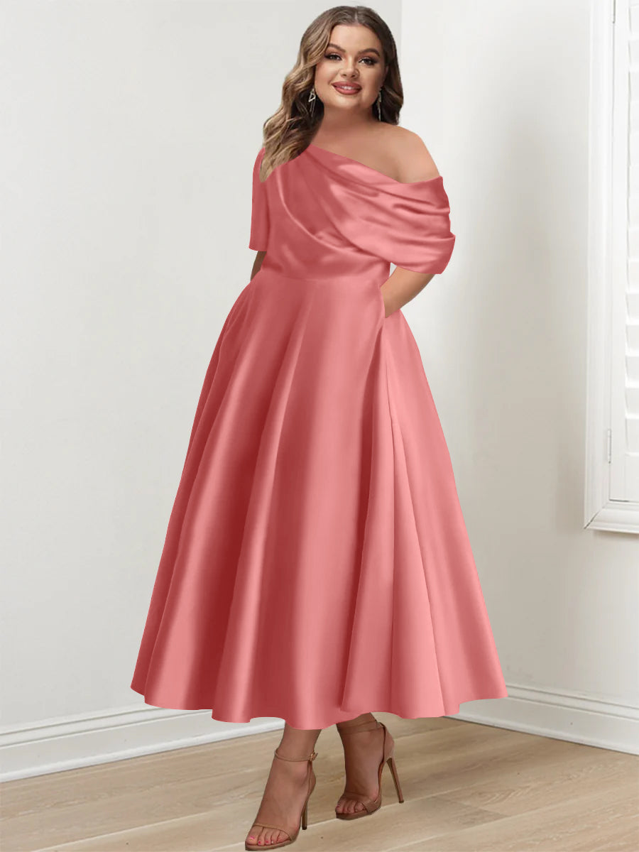 Plus Size A-Line Princess Ankle-Length One-Shoulder Mother of the Bride Dress with Ruffles and Half Sleeves