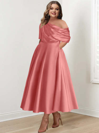 Plus Size A-Line Princess Ankle-Length One-Shoulder Mother of the Bride Dress with Ruffles and Half Sleeves