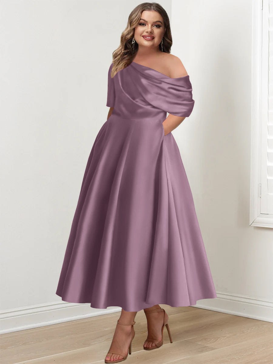 Plus Size A-Line Princess Ankle-Length One-Shoulder Mother of the Bride Dress with Ruffles and Half Sleeves