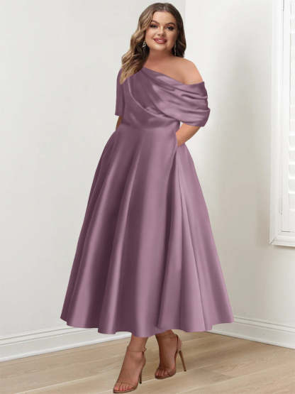 Plus Size A-Line Princess Ankle-Length One-Shoulder Mother of the Bride Dress with Ruffles and Half Sleeves