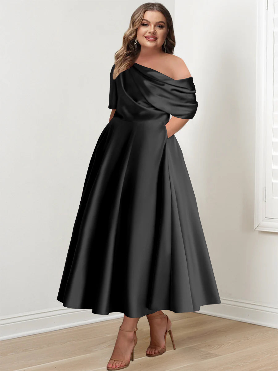 Plus Size A-Line Princess Ankle-Length One-Shoulder Mother of the Bride Dress with Ruffles and Half Sleeves