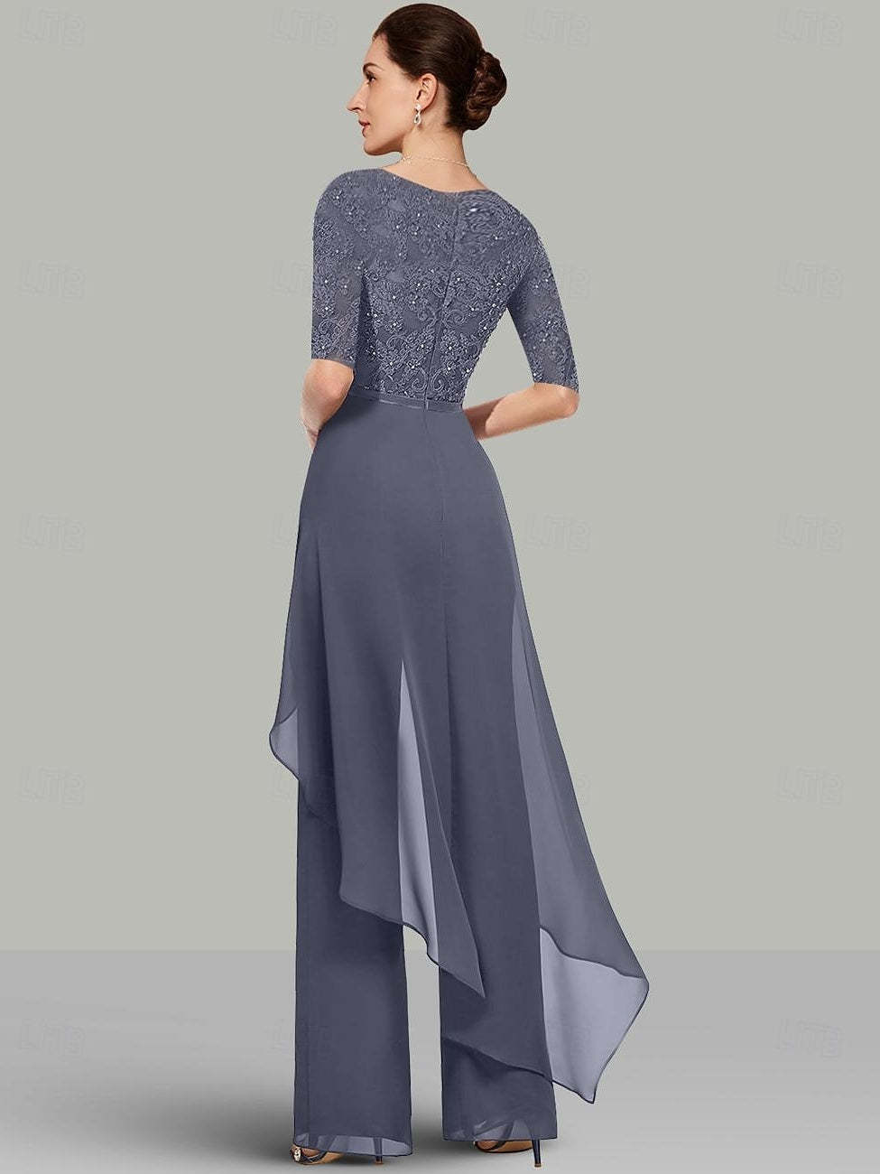 2-Piece Chiffon Mother of the Bride Pantsuit with Jewel Neck Half Sleeves and Floor-Length Design featuring Lace & Ruffles