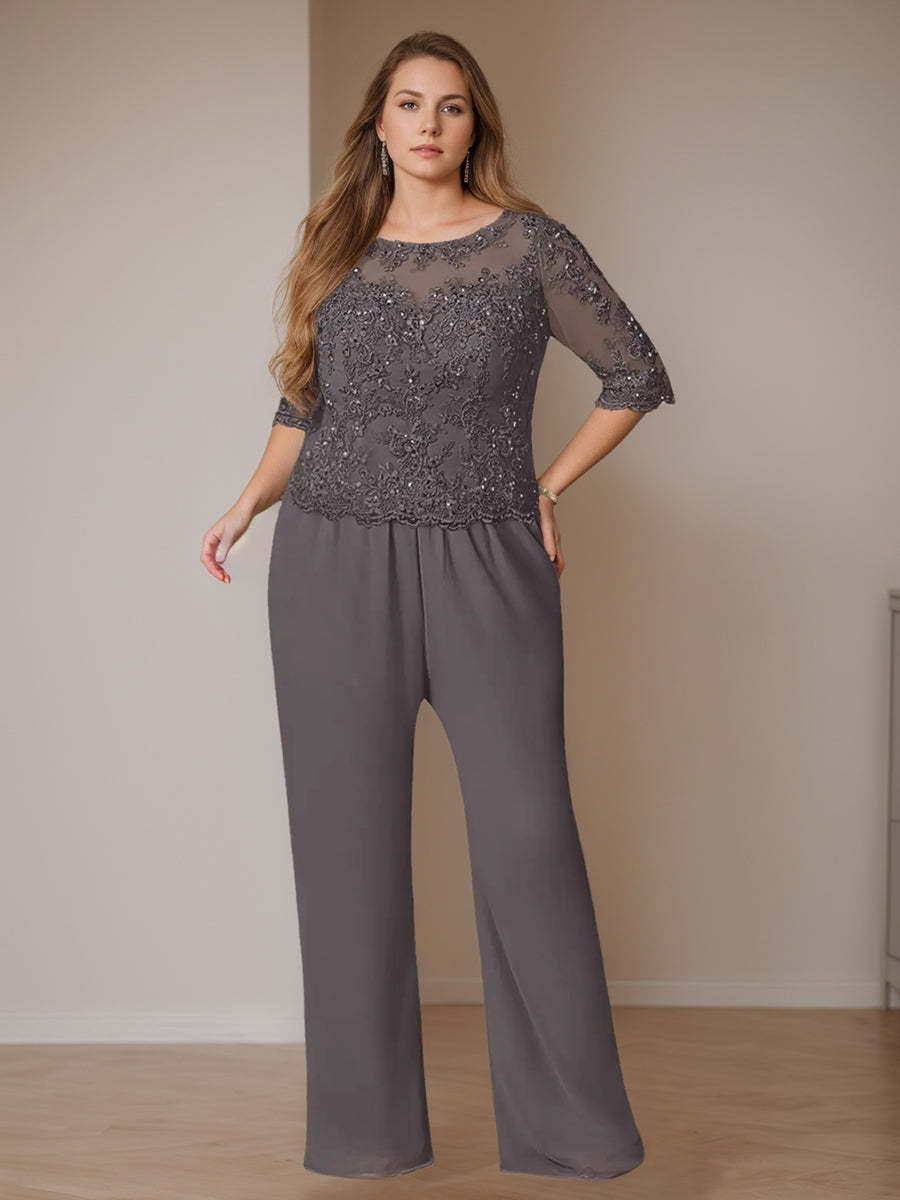 Plus Size Floor-Length Chiffon Pantsuits With Jacket - 3 Piece Set Scoop Neck & Long Sleeves