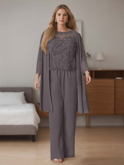 Plus Size Floor-Length Chiffon Pantsuits With Jacket - 3 Piece Set Scoop Neck & Long Sleeves