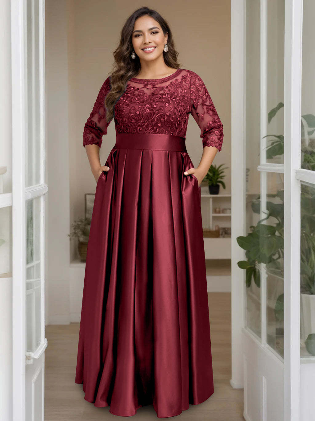Plus Size Floor-Length Mother of the Bride A-Line Dress with 3/4 Sleeves Scoop Neck Bow & Sequins