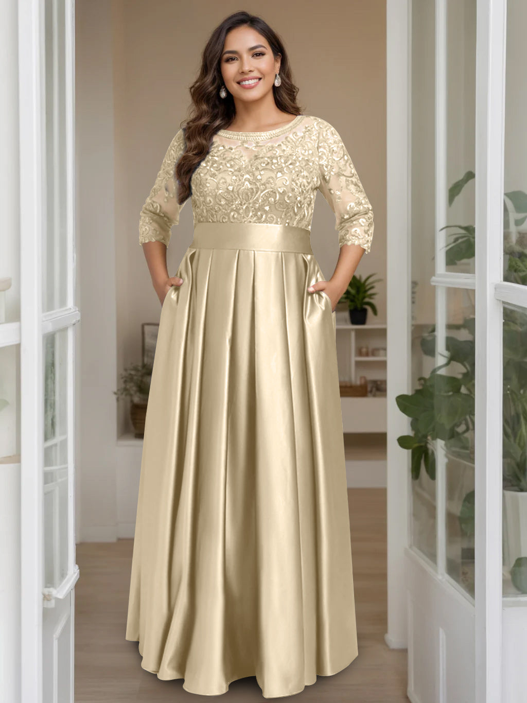 Plus Size Floor-Length Mother of the Bride A-Line Dress with 3/4 Sleeves Scoop Neck Bow & Sequins