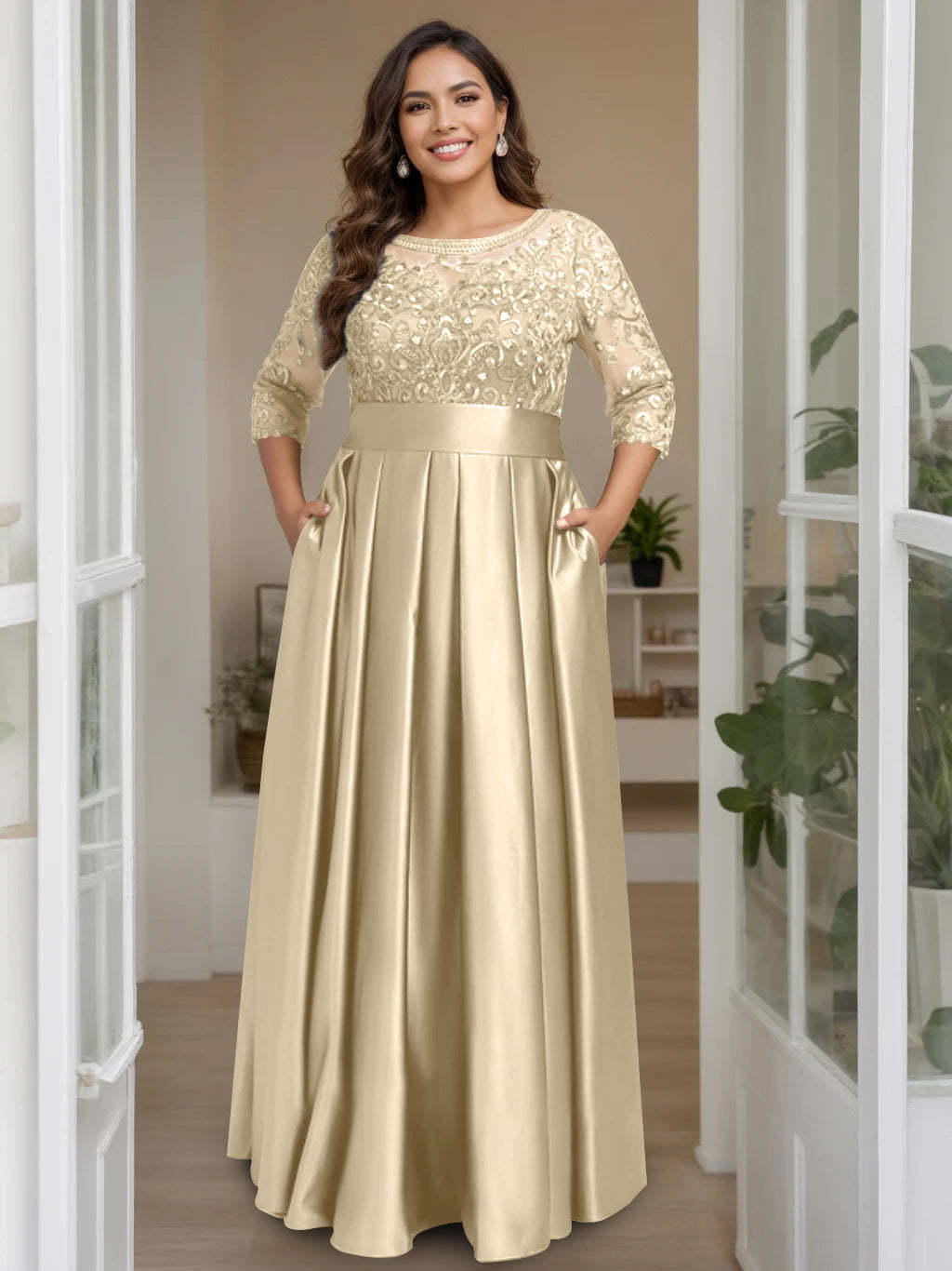 Plus Size Floor-Length Mother of the Bride A-Line Dress with 3/4 Sleeves Scoop Neck Bow & Sequins