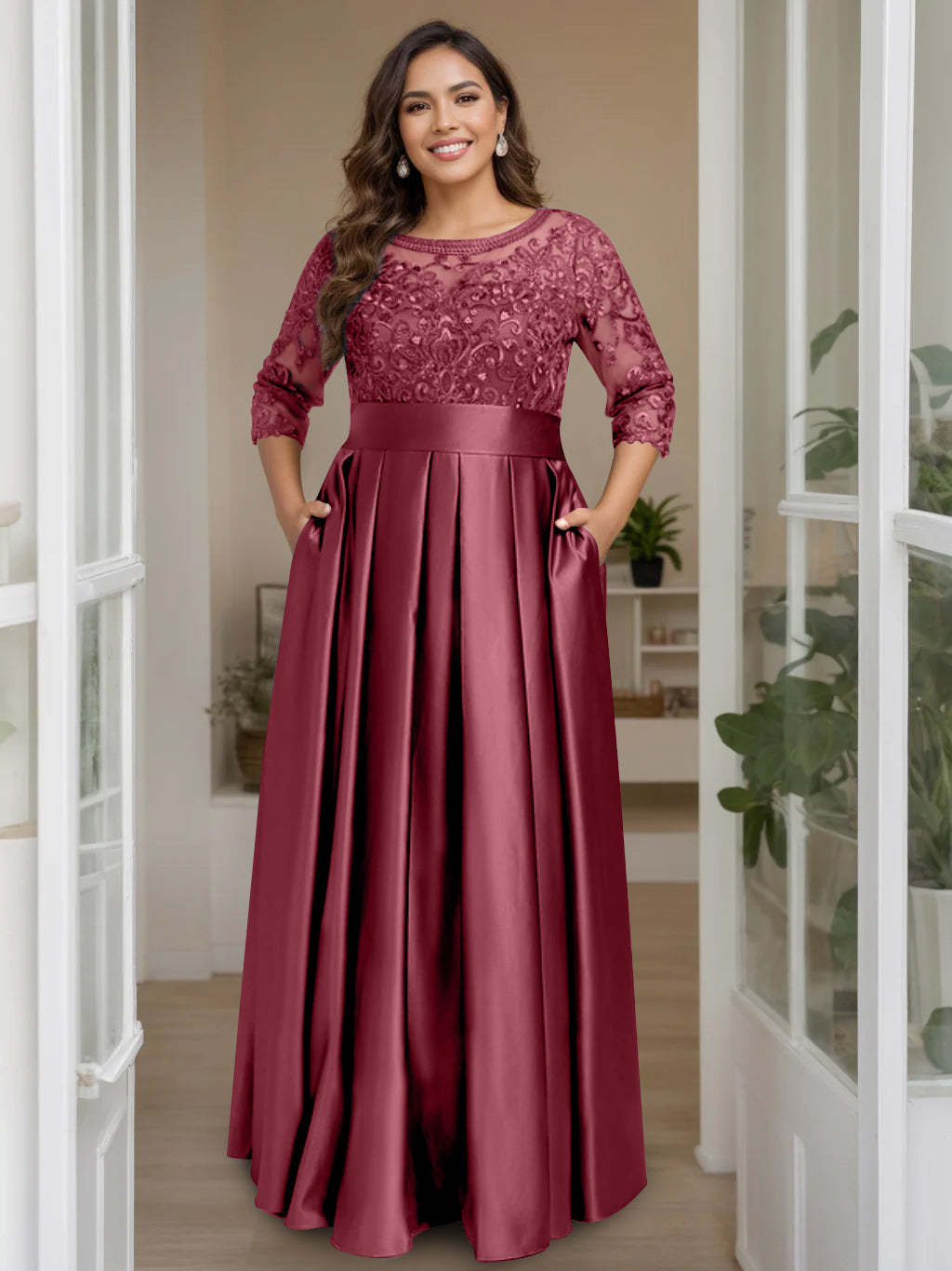 Plus Size Floor-Length Mother of the Bride A-Line Dress with 3/4 Sleeves Scoop Neck Bow & Sequins