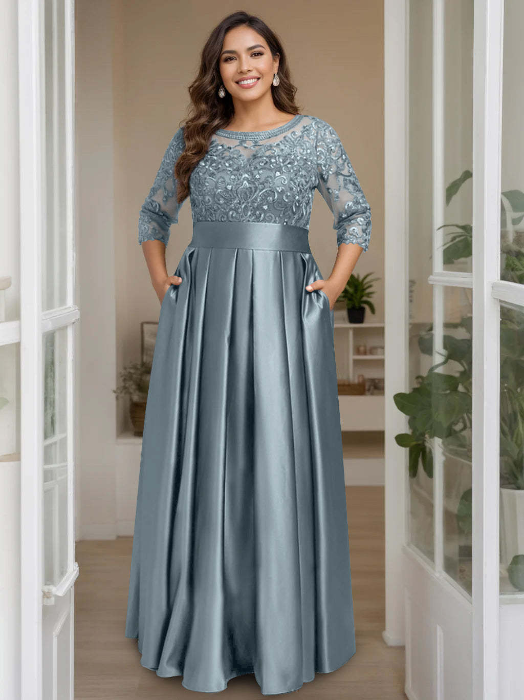 Plus Size Floor-Length Mother of the Bride A-Line Dress with 3/4 Sleeves Scoop Neck Bow & Sequins