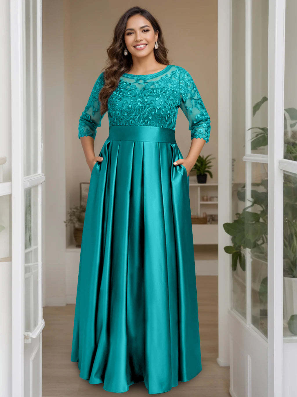 Plus Size Floor-Length Mother of the Bride A-Line Dress with 3/4 Sleeves Scoop Neck Bow & Sequins