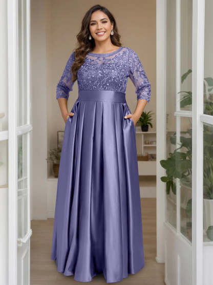 Plus Size Floor-Length Mother of the Bride A-Line Dress with 3/4 Sleeves Scoop Neck Bow & Sequins