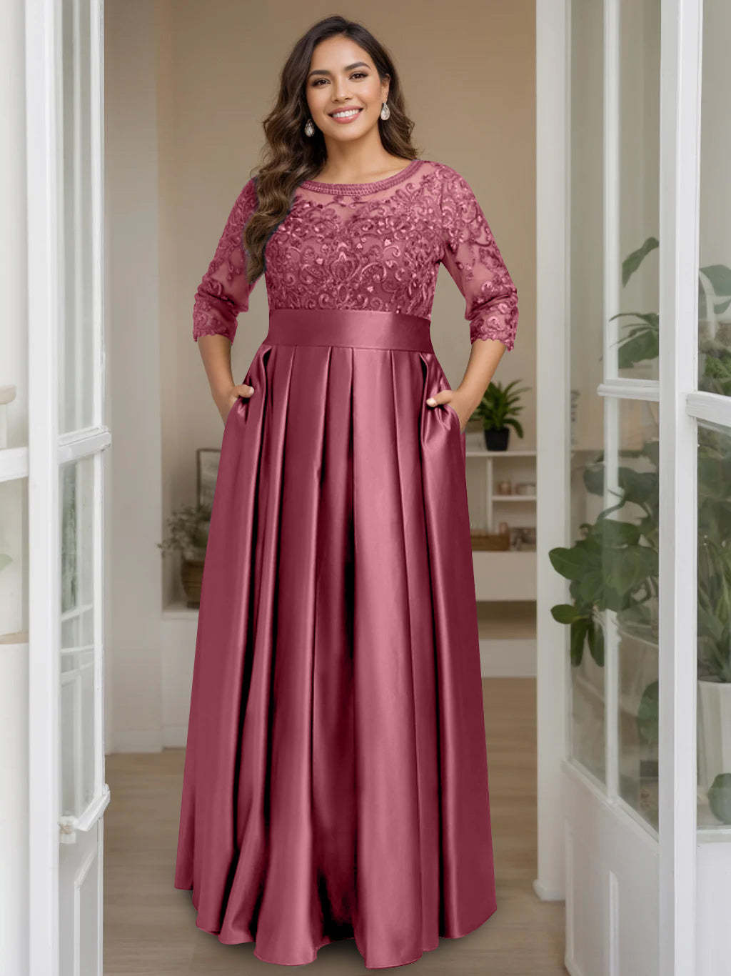 Plus Size Floor-Length Mother of the Bride A-Line Dress with 3/4 Sleeves Scoop Neck Bow & Sequins