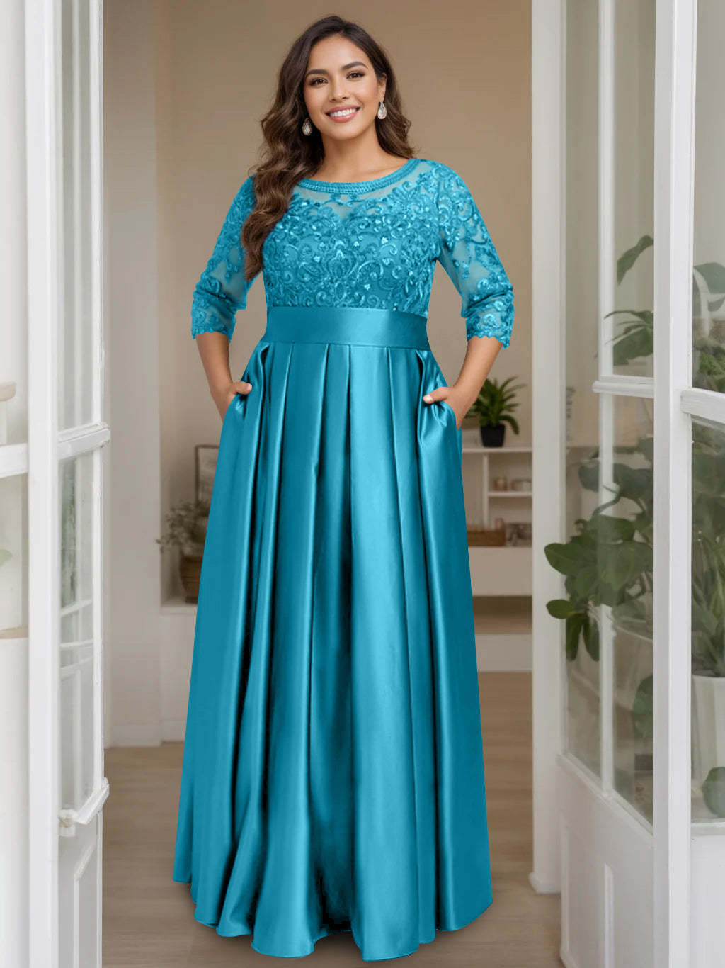 Plus Size Floor-Length Mother of the Bride A-Line Dress with 3/4 Sleeves Scoop Neck Bow & Sequins