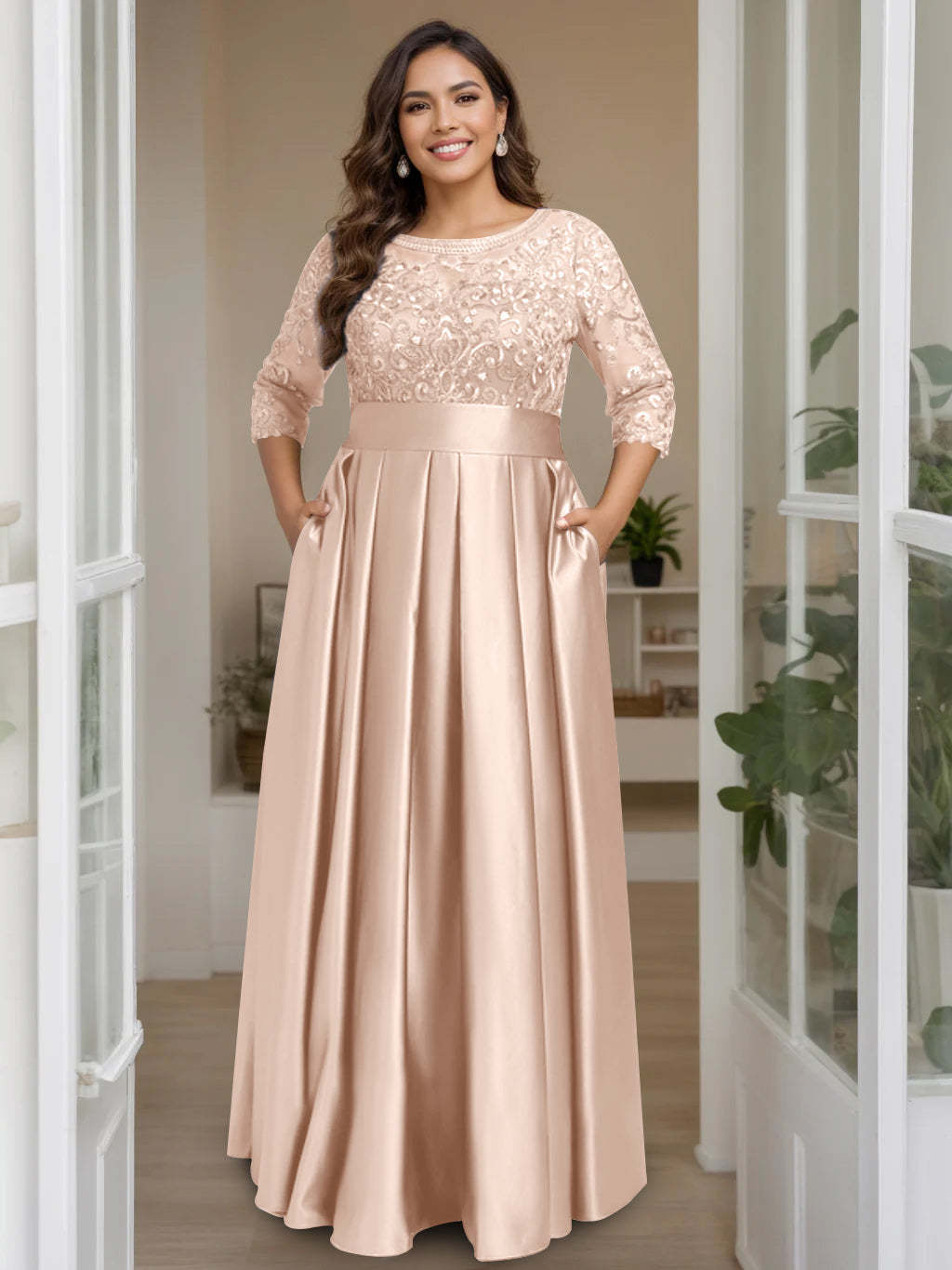 Plus Size Floor-Length Mother of the Bride A-Line Dress with 3/4 Sleeves Scoop Neck Bow & Sequins