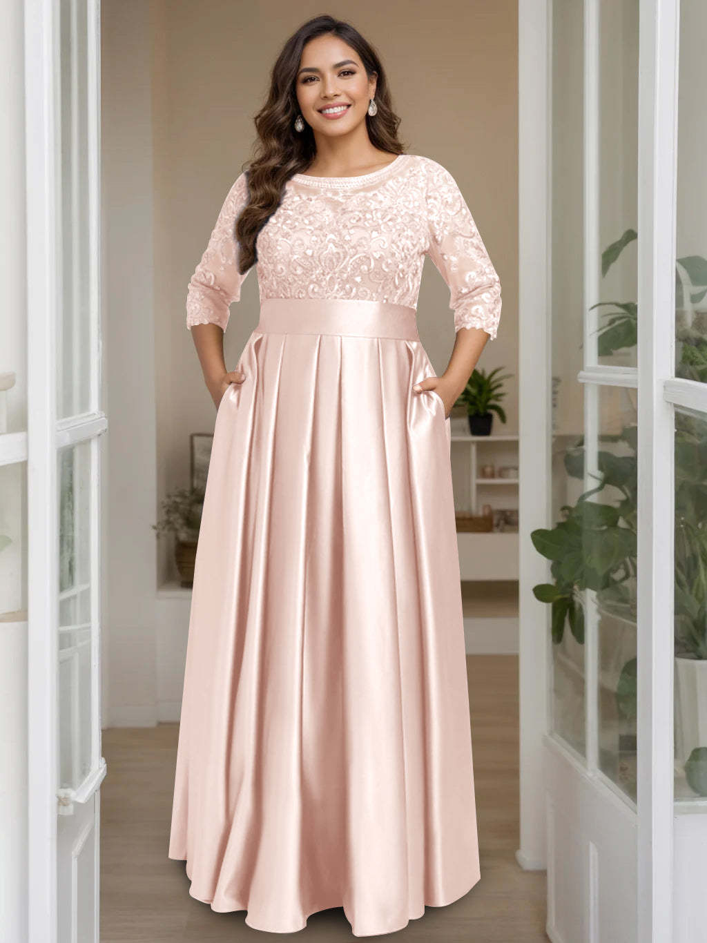 Plus Size Floor-Length Mother of the Bride A-Line Dress with 3/4 Sleeves Scoop Neck Bow & Sequins