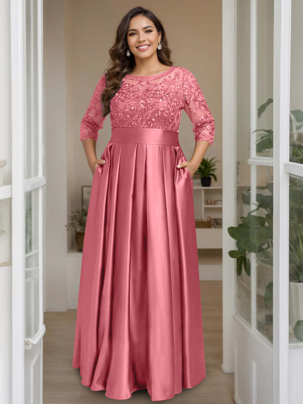 Plus Size Floor-Length Mother of the Bride A-Line Dress with 3/4 Sleeves Scoop Neck Bow & Sequins