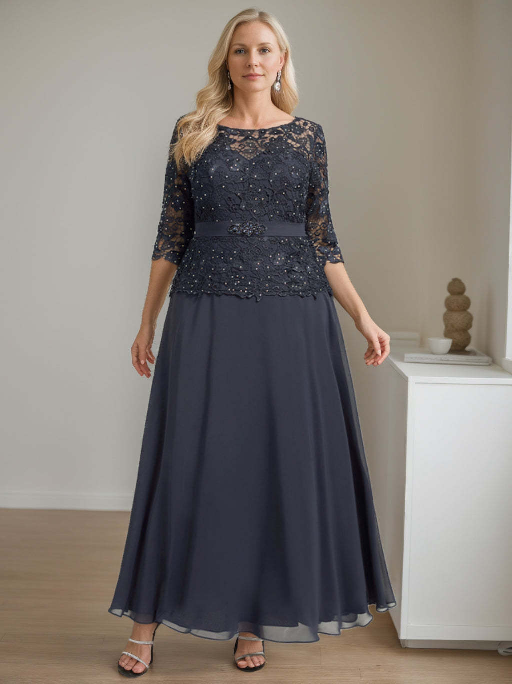 Plus Size A-Line Princess Scoop Neck Ankle-Length Mother of the Bride Dress with Beading and Rhinestones