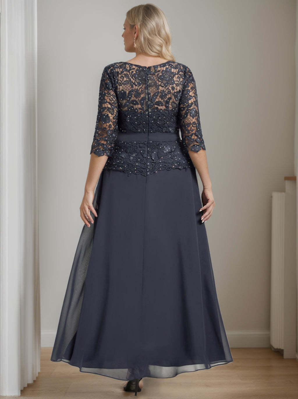 Plus Size A-Line Princess Scoop Neck Ankle-Length Mother of the Bride Dress with Beading and Rhinestones