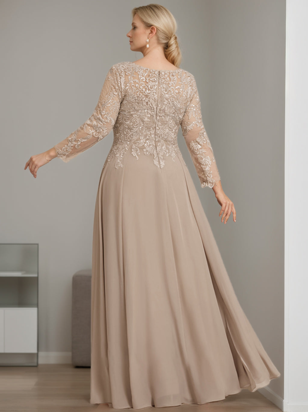 V-Neck A-Line Princess Gown with 3/4 Sleeves and Sequins for Plus-Size Mother of the Bride