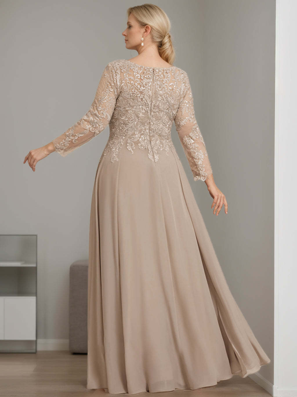 V-Neck A-Line Princess Gown with 3/4 Sleeves and Sequins for Plus-Size Mother of the Bride