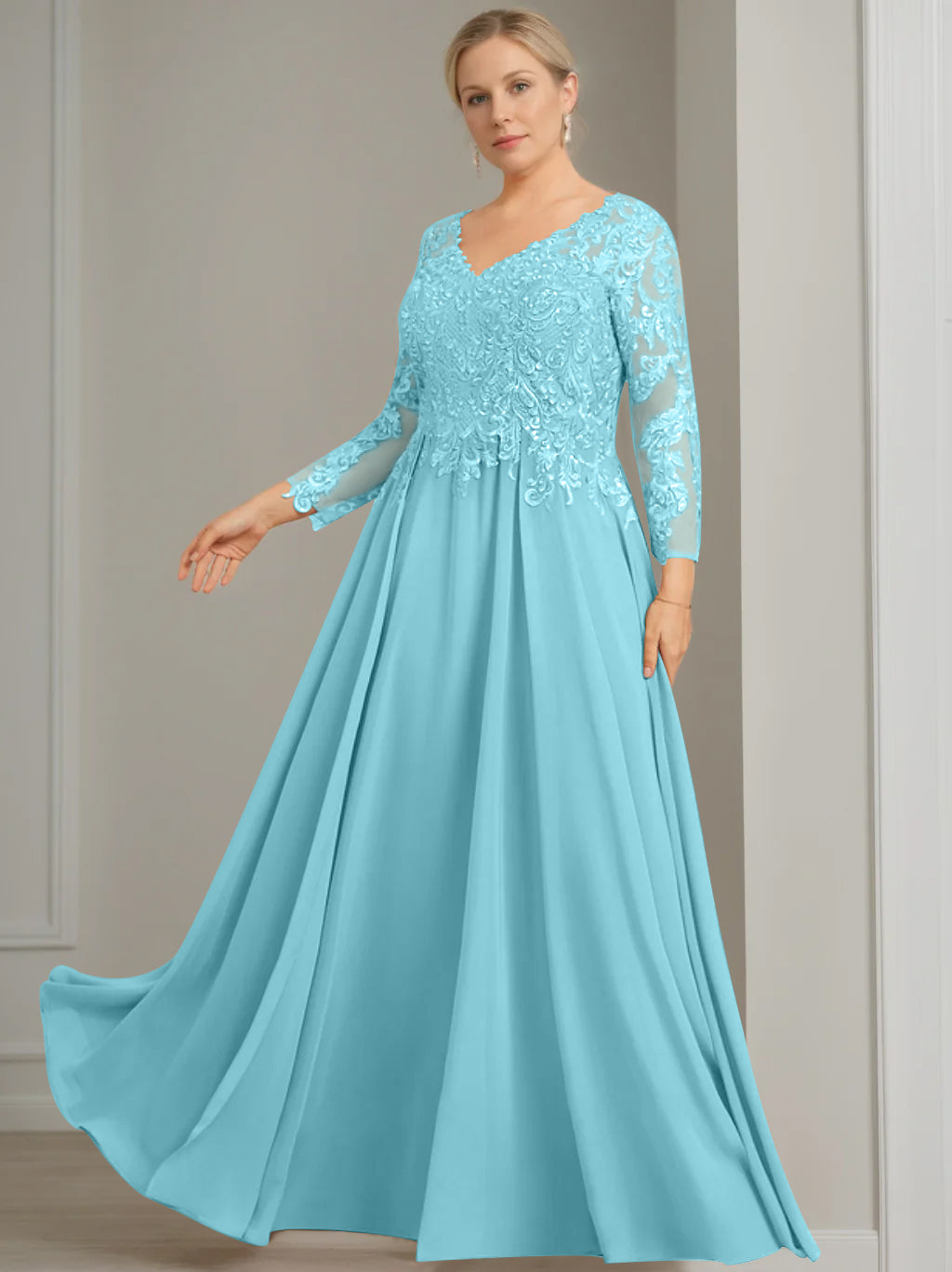 V-Neck A-Line Princess Gown with 3/4 Sleeves and Sequins for Plus-Size Mother of the Bride