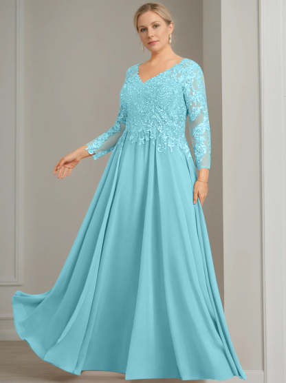 V-Neck A-Line Princess Gown with 3/4 Sleeves and Sequins for Plus-Size Mother of the Bride