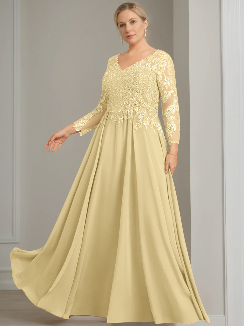 V-Neck A-Line Princess Gown with 3/4 Sleeves and Sequins for Plus-Size Mother of the Bride