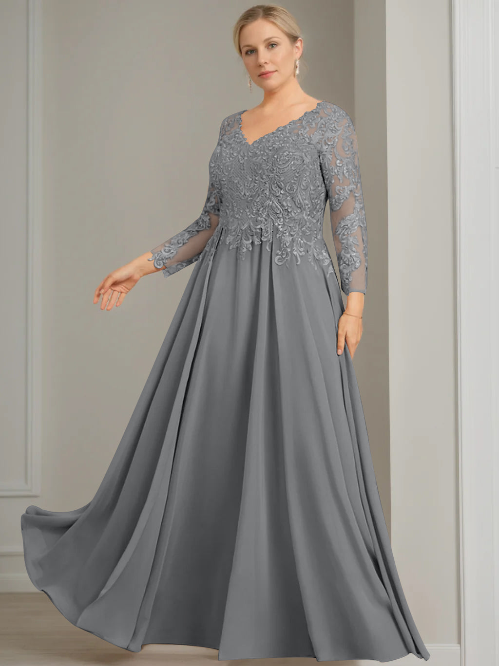 V-Neck A-Line Princess Gown with 3/4 Sleeves and Sequins for Plus-Size Mother of the Bride