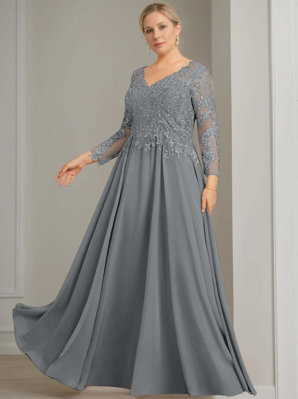 V-Neck A-Line Princess Gown with 3/4 Sleeves and Sequins for Plus-Size Mother of the Bride