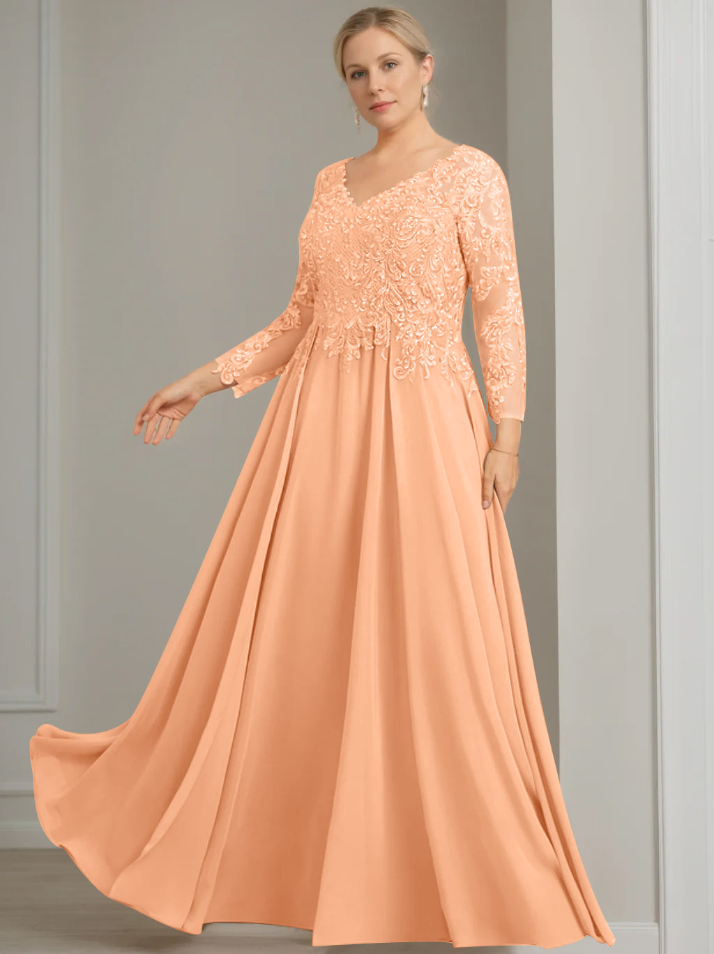 V-Neck A-Line Princess Gown with 3/4 Sleeves and Sequins for Plus-Size Mother of the Bride