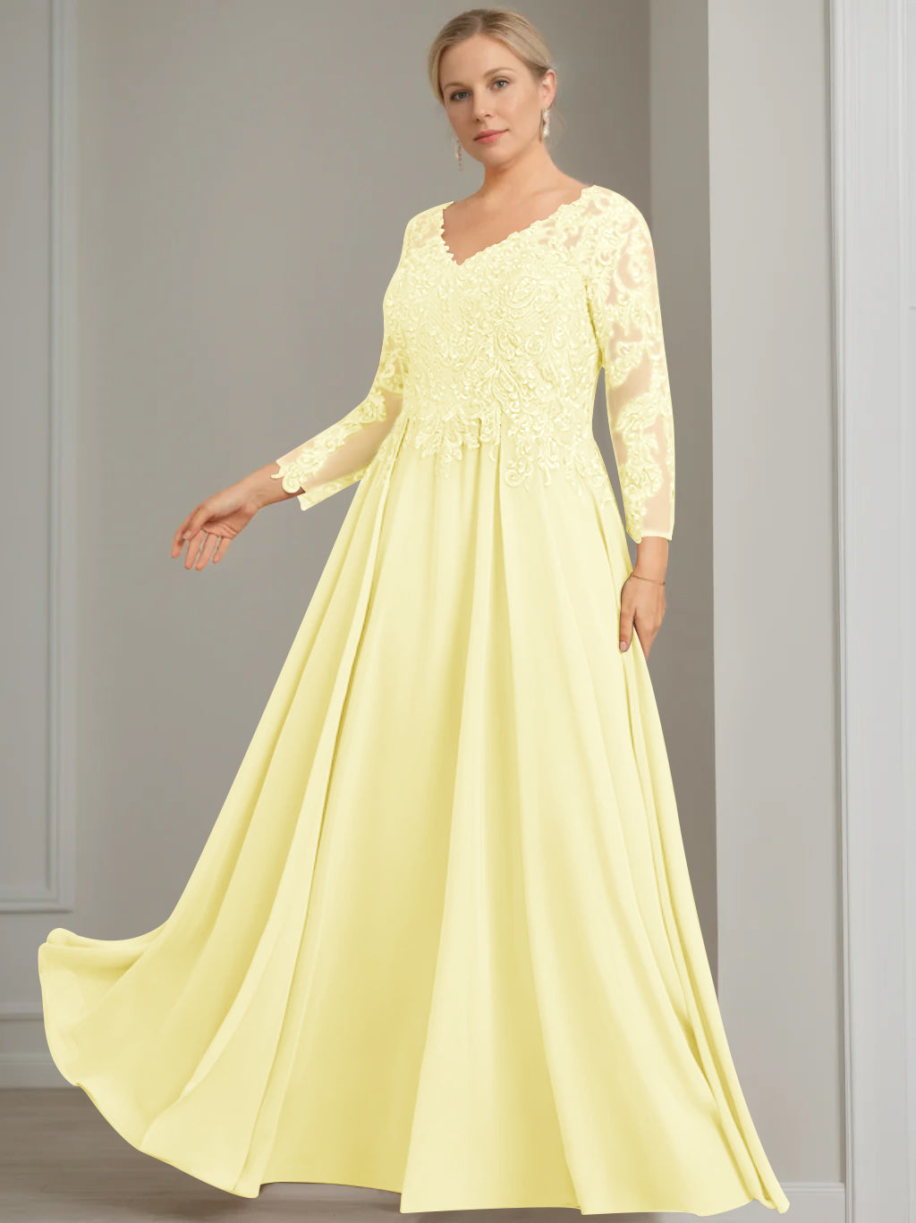 V-Neck A-Line Princess Gown with 3/4 Sleeves and Sequins for Plus-Size Mother of the Bride