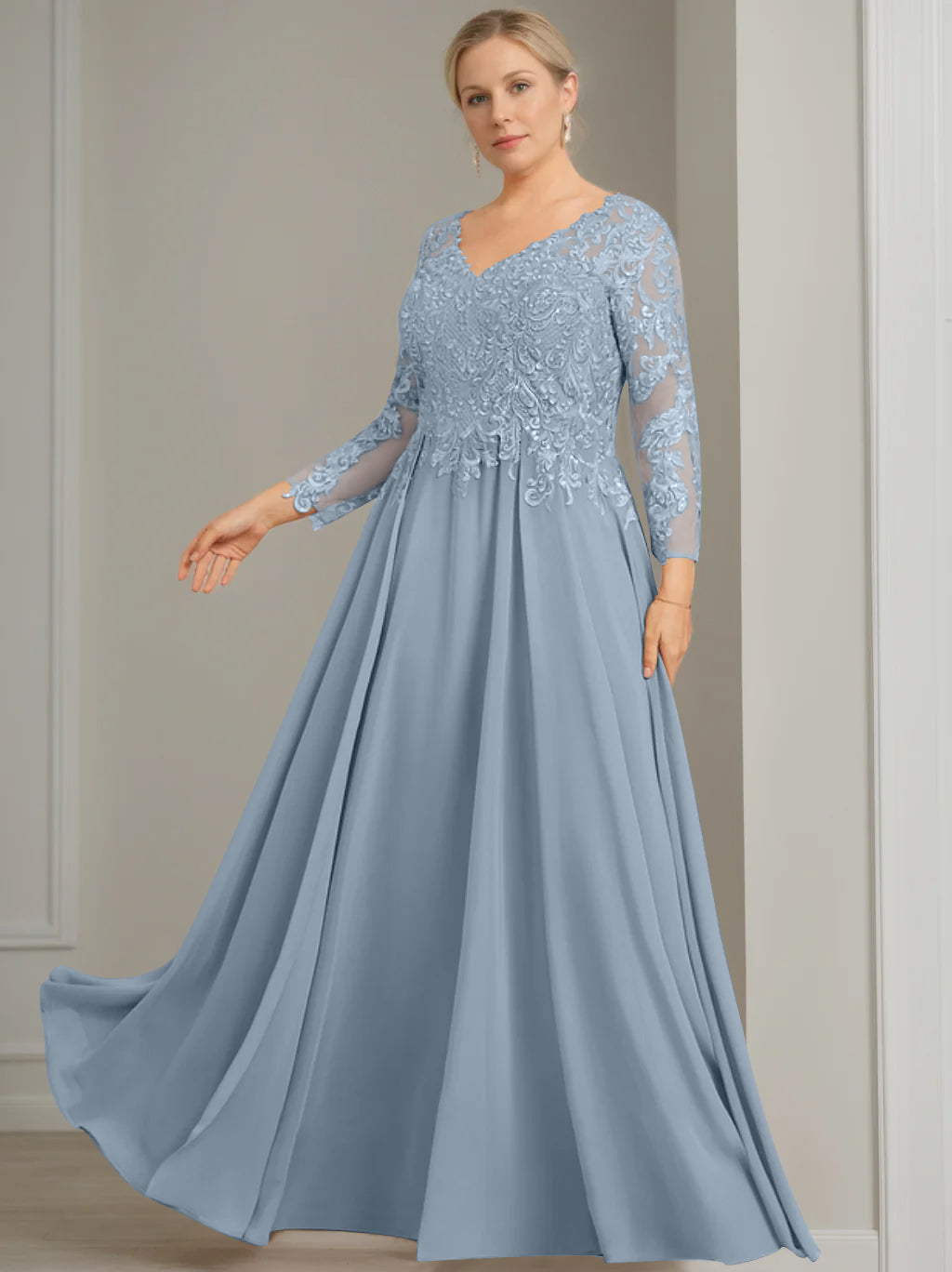 V-Neck A-Line Princess Gown with 3/4 Sleeves and Sequins for Plus-Size Mother of the Bride