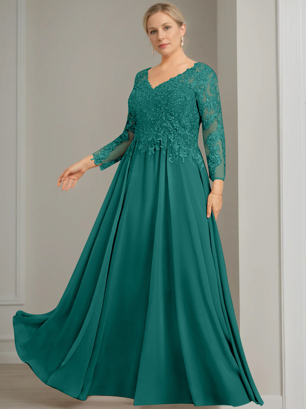 V-Neck A-Line Princess Gown with 3/4 Sleeves and Sequins for Plus-Size Mother of the Bride