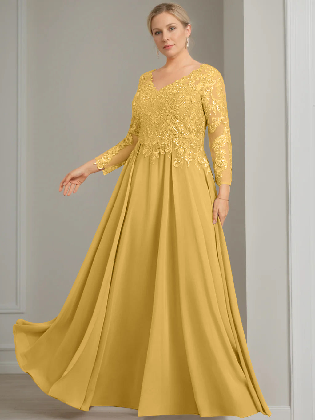 V-Neck A-Line Princess Gown with 3/4 Sleeves and Sequins for Plus-Size Mother of the Bride