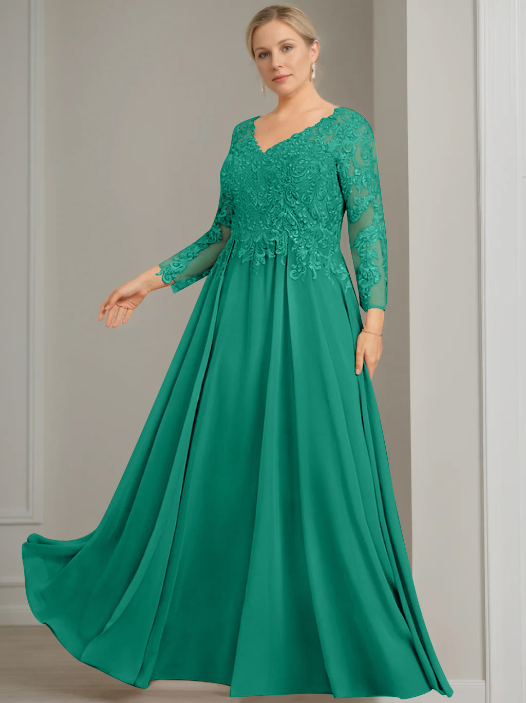 V-Neck A-Line Princess Gown with 3/4 Sleeves and Sequins for Plus-Size Mother of the Bride
