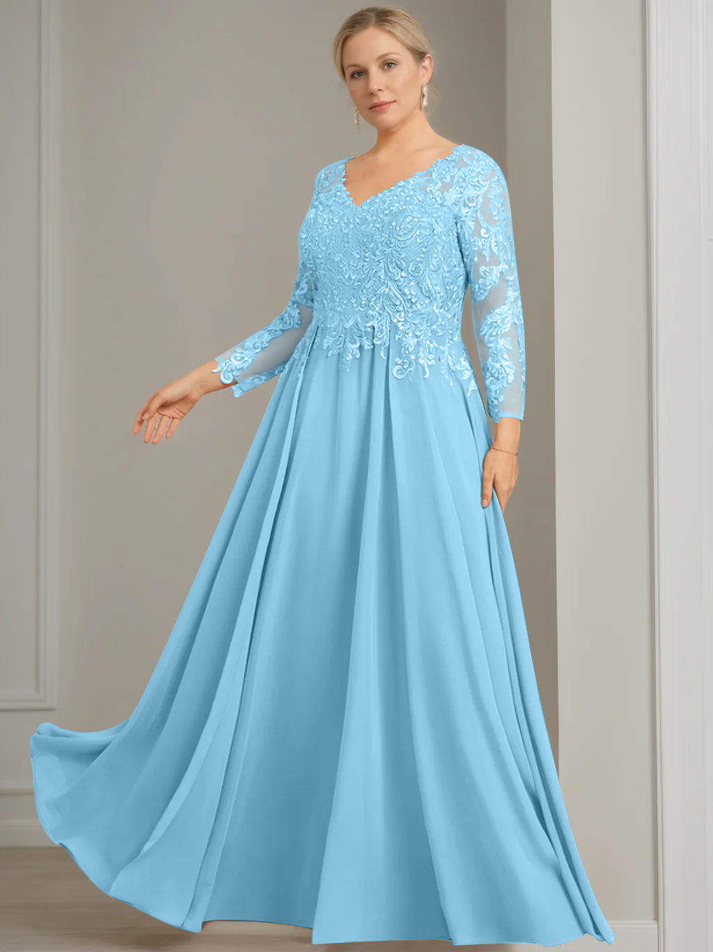 V-Neck A-Line Princess Gown with 3/4 Sleeves and Sequins for Plus-Size Mother of the Bride